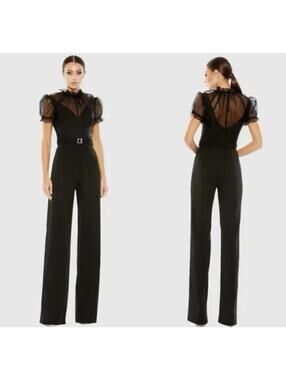 IEENA For MAC DUGGAL Black Belted Illusion High Neck Cap Sleeve Jumpsuit Size 10